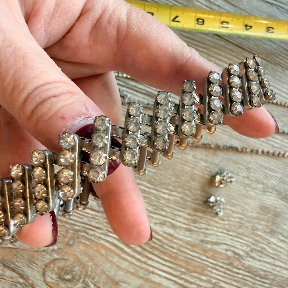 Vintage Rhinestone Jewelry Bundle Necklace, Choker, Expanding Bracelet, Earrings - Picture 3 of 15